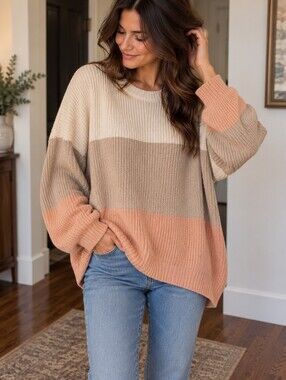 Hollister Ribbed Colorblock Crewneck Sweater — White, Gray & Blush Pink